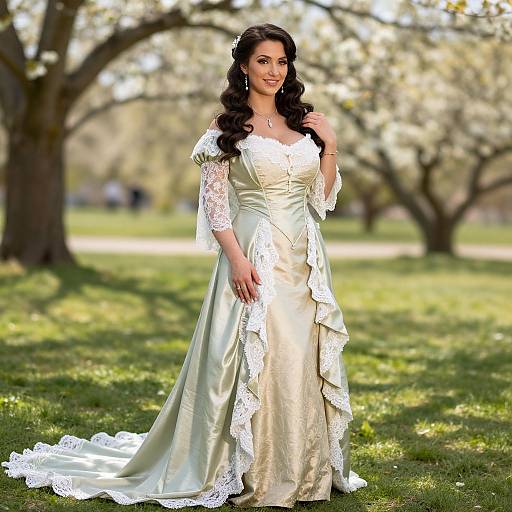 Photograph of a smiling woman with long dark hair in a cream satin wedding gown with lace sleeves and trim, standing in a sunlit park with blo
