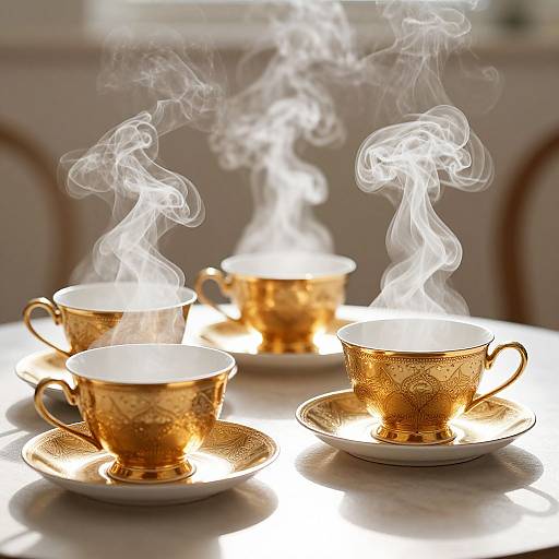 Photograph of three steaming, ornate gold teacups with intricate patterns on white saucers, set on a glossy white table, with