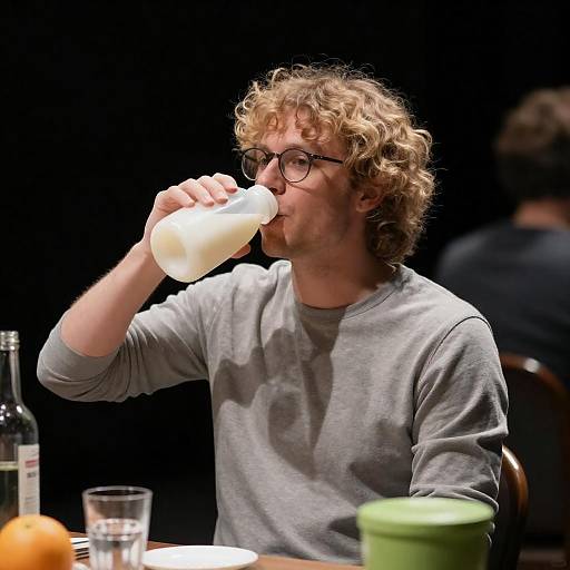 Focused Man Drinking from White Jug