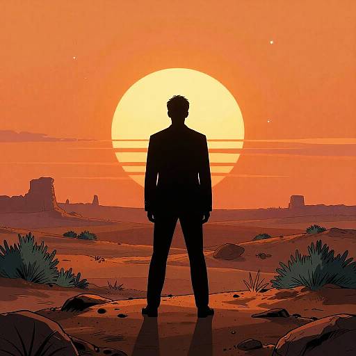 Silhouette of Man in Suit at Desert Sunset