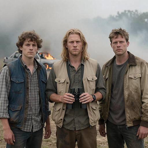 Three Men Outdoors with Burning Car in Background