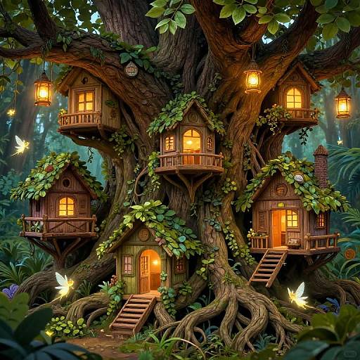 Whimsical digital illustration of a lush, enchanted forest treehouse with three glowing wooden cottages, lanterns, vines, and fluttering fireflies