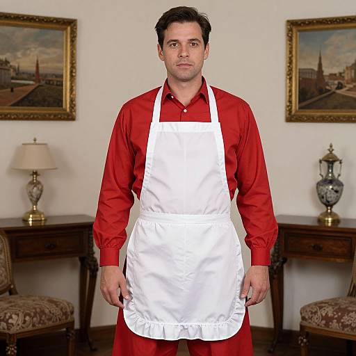 Photograph of a middle-aged man with short black hair, wearing a red shirt and white apron, standing in a classic living room with framed paintings