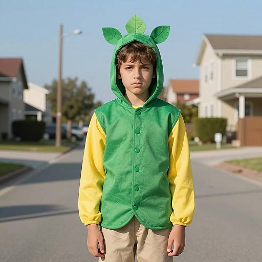 Boy in Homemade Deku Costume on Suburban Street