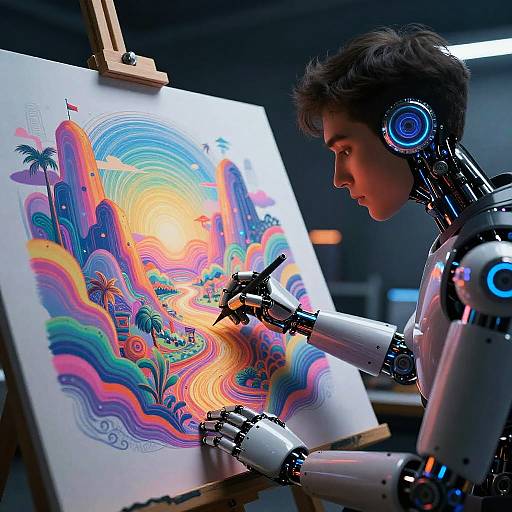 Futuristic AI Artist Sketching Surreal Landscapes