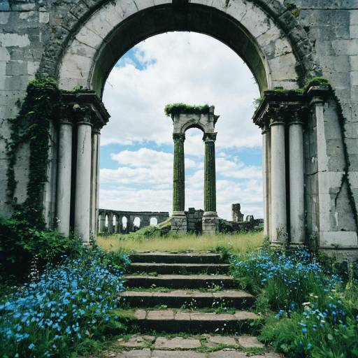 Ancient Ruins with Stone Arch and Blue Flowers