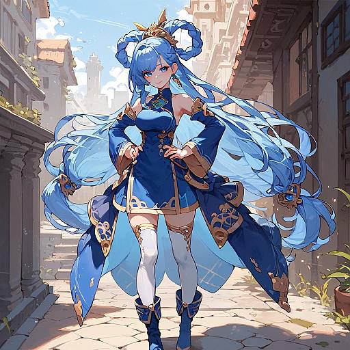 Anime Girl in Cityscape with Blue Hair