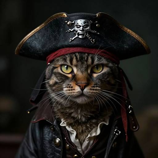 Photograph of a tabby cat with yellow eyes, wearing a black pirate hat and coat with gold buttons, against a dark background.