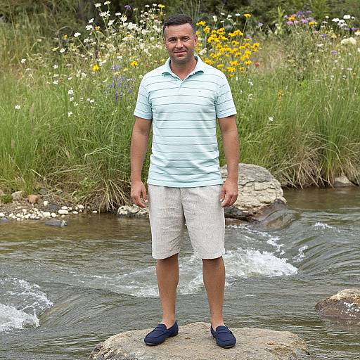 Photograph of a middle-aged man with short dark hair, wearing a light blue striped polo, white checkered shorts, and navy loafers, standing