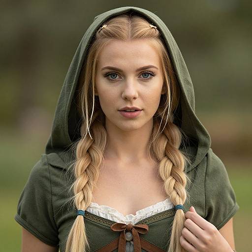 Photograph of a young blonde woman with blue eyes, wearing a green hooded dress with white lace trim, in a blurred outdoor setting.