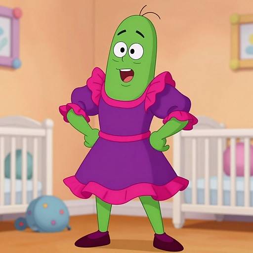Bright green alien in purple dress with pink ruffles, standing confidently in a cheerful orange nursery with white cribs and blue ball. Cartoon style.