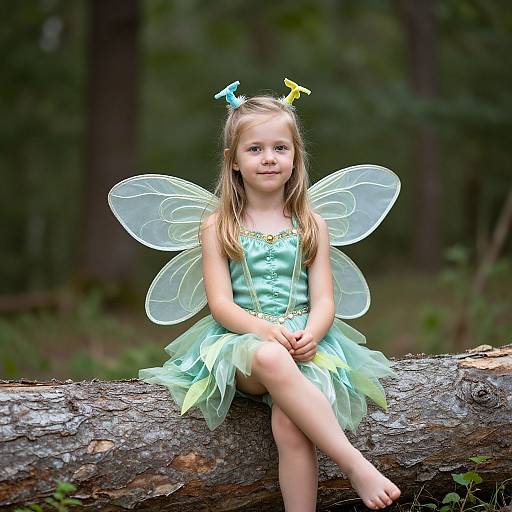 Photograph of a blonde girl with fairy wings and hair clips, wearing a green tulle dress, sitting on a log in a forest.
