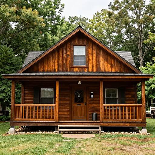 Photograph of a small, rustic wooden cabin with a gabled roof, centered in a lush, green, forested area. Brown wood, black