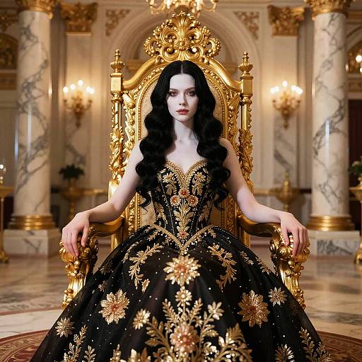 Photograph of a pale-skinned woman with long black hair, wearing an ornate black and gold floral dress, seated on a regal golden throne