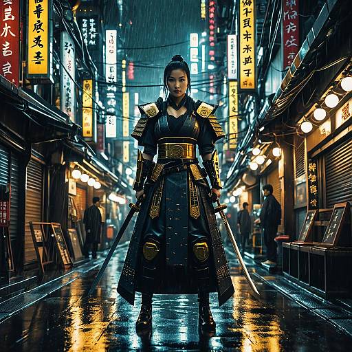 Cyberpunk Samurai Queen in Futuristic Tokyo Alley