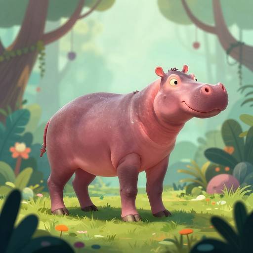 Cartoon-style digital illustration of a happy, pink hippo standing in a sunlit, vibrant jungle with lush greenery and colorful flowers.