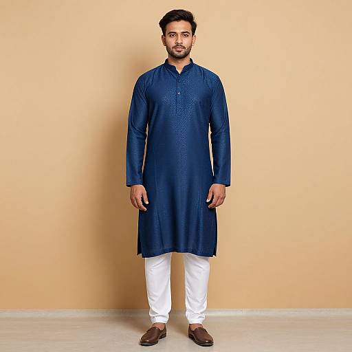 Photograph of a bearded South Asian man in a navy blue traditional long kurta, white pants, and brown shoes, standing against a plain beige