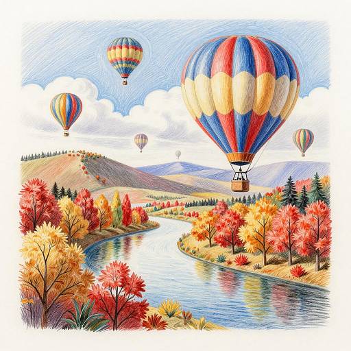 Colored Pencil Drawing of Hot Air Balloons over Autumn River
