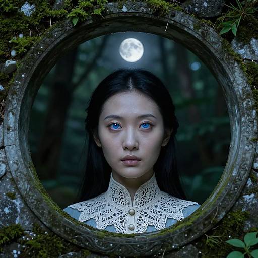 Photograph of a pale-skinned, blue-eyed Asian woman with long black hair, wearing a white lace collar, framed by a moss-covered circular wooden