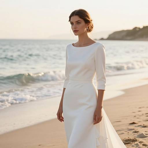 Photograph of a slender, fair-skinned woman with dark hair in an elegant, white, long-sleeve dress standing on a sunlit beach