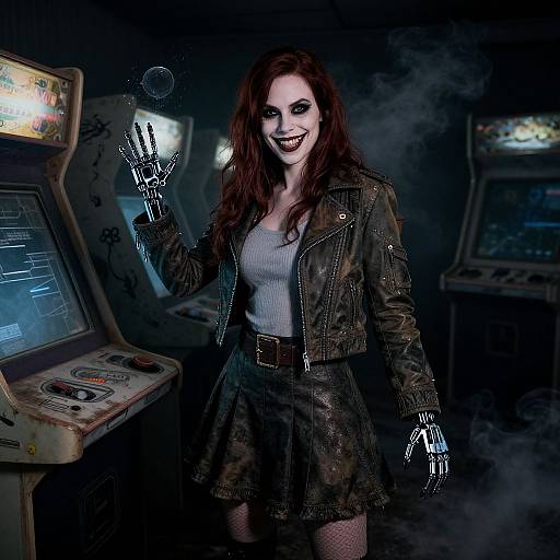 Dark, gothic woman with long red hair, black leather jacket, and skirt, smiling, raises clawed hand in dimly lit arcade.