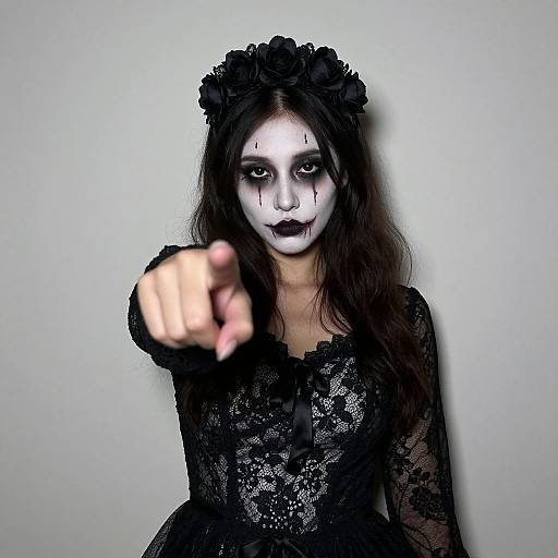Photograph of a pale-skinned woman with black lace dress, white face paint, black flowers in hair, and black lips, pointing forward against a