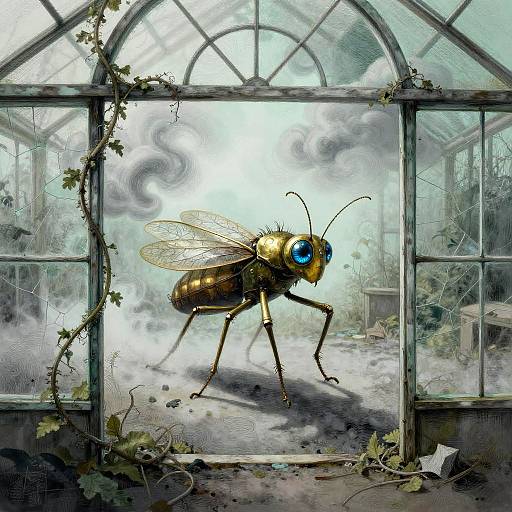 Digital illustration of a giant, blue-eyed, golden insect with transparent wings inside a foggy, vine-covered, broken greenhouse.