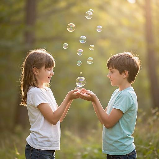 Photograph of two young children, a girl in a white shirt and a boy in a light blue shirt, blowing bubbles in a sunlit forest.