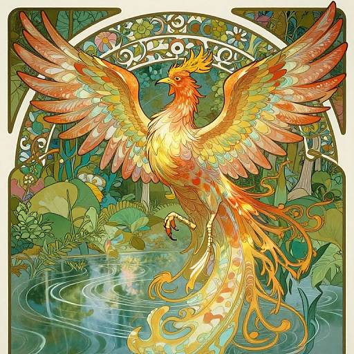 Vibrant digital illustration of a fiery phoenix with expansive wings, standing in a lush, colorful forest pond, surrounded by intricate stained glass-like patterns.