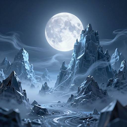 Digital artwork of a moonlit, icy mountain range with jagged peaks, glowing blue hues, swirling mist, and a bright, full moon overhead.