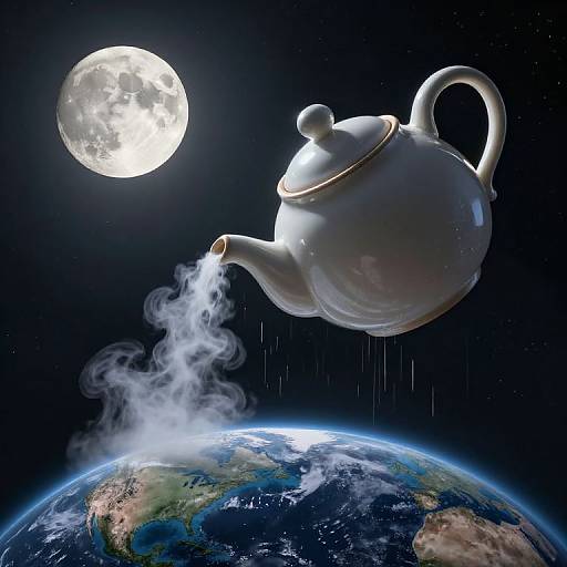 Digital artwork: A white teapot with steam pouring out floats in space above a glowing Earth, with a full moon in the dark, starry background