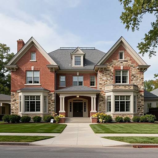 Photograph of a large, two-story, red-brick and stone house with a gray shingled roof, white trim, and a symmetrical