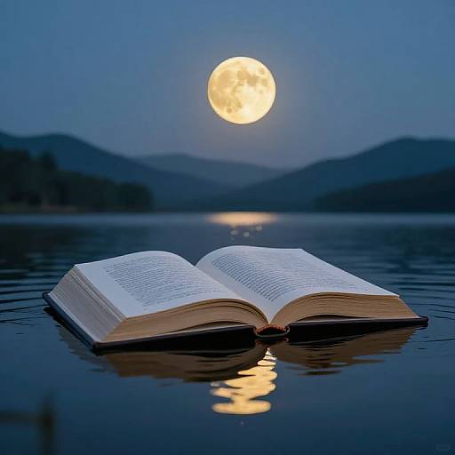 Photograph of an open book floating on a calm lake at night, illuminated by a full moon in the blue sky.