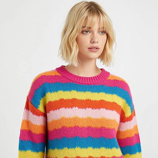 Photograph of a blonde woman with shoulder-length hair, wearing a colorful, striped knit sweater with pink, blue, orange, yellow, and white bands