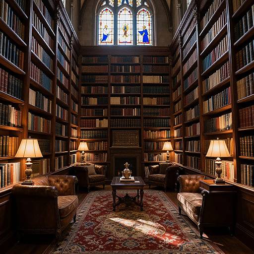 Photograph of a dimly lit, elegant library with dark wooden bookshelves, leather sofas, patterned rug, and lit lamps, under a