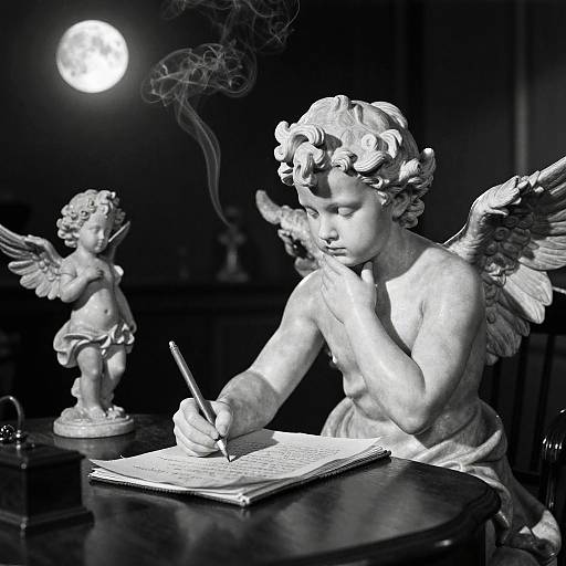 Black-and-white photograph of two cherub statues; front cherub writes with a pen, smoking, moonlit background, second cherub stands with wings
