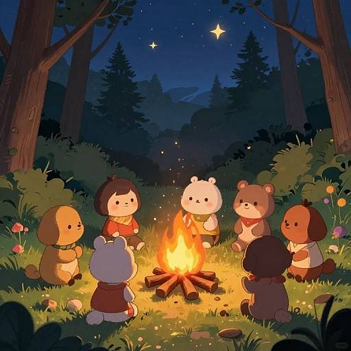 Digital illustration of six cute, cartoon animal children sitting around a campfire in a dark, starry forest, wearing colorful clothes.