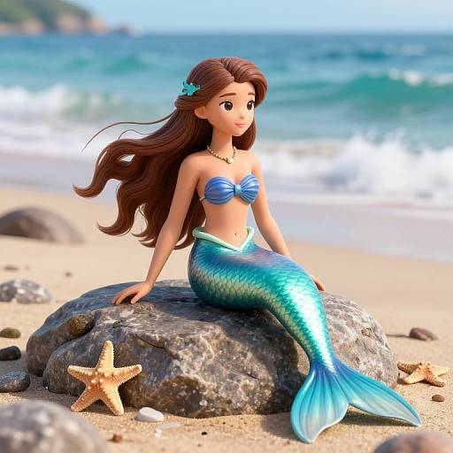 3D Mermaid on Rocky Beach