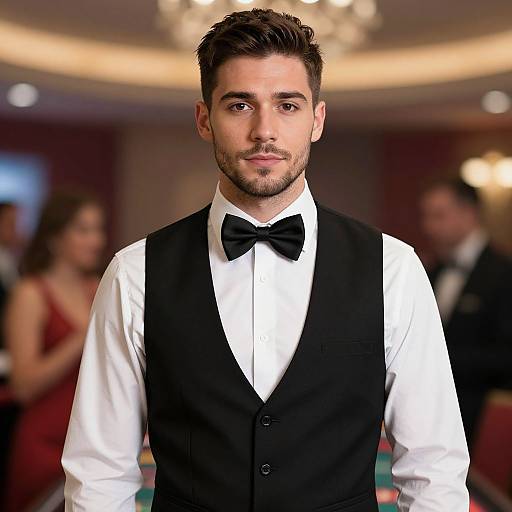 Photograph of a handsome, bearded man with dark hair, wearing a black bow tie and vest over a white shirt, standing in a dimly
