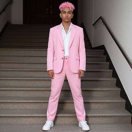 Photograph of a young Black man with pink spiked hair, wearing a pink suit, white shirt, and white sneakers, standing confidently on a gray concrete