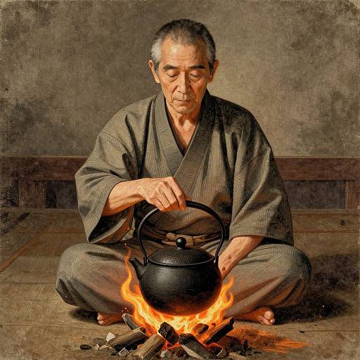 An elderly Asian man in a gray kimono sits cross-legged by a small fire, pouring water from a black metal teapot. Digital painting.