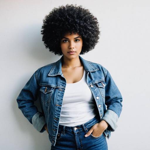 Young Woman in 90s Denim Outfit with Afro Hairstyle