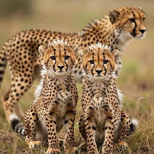 Photograph of two young cheetahs with golden-yellow coats and black spots, standing alert in tall grass, with a third cheetah blurred
