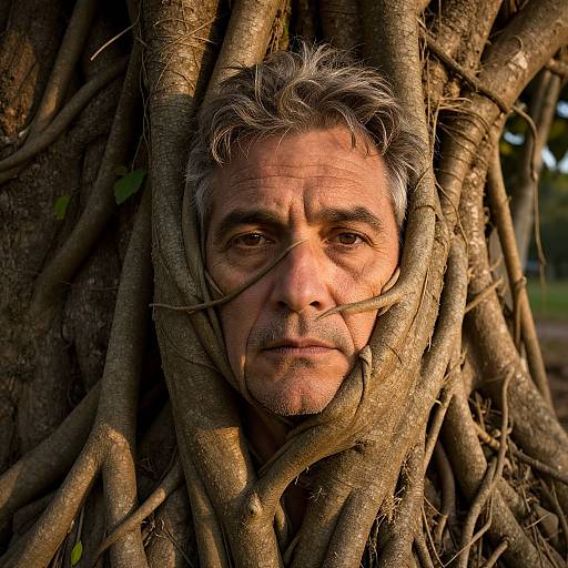 Photograph of an older man with gray hair, deep-set eyes, and weathered skin, his face partially entwined by thick tree roots,