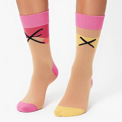 Photograph of two legs wearing sheer, pink-to-yellow gradient socks with black bow designs, pink cuffs, and toe tips, against white background.