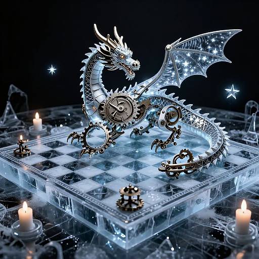 Digital illustration of a glowing, mechanical dragon with starry wings, gears, and silver scales, poised on an illuminated chessboard surrounded by candles in a