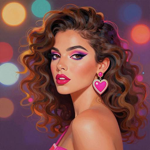 Digital portrait of a beautiful woman with wavy brown hair, pink eyeshadow, red lipstick, heart-shaped earrings, and colorful bokeh background.
