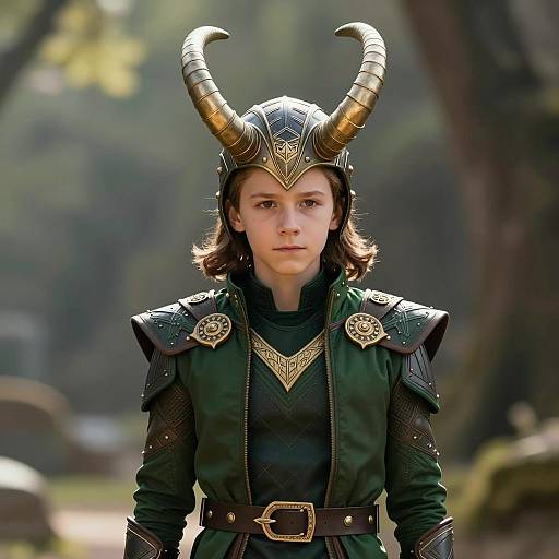 Young Boy in Loki Costume with Horned Helmet