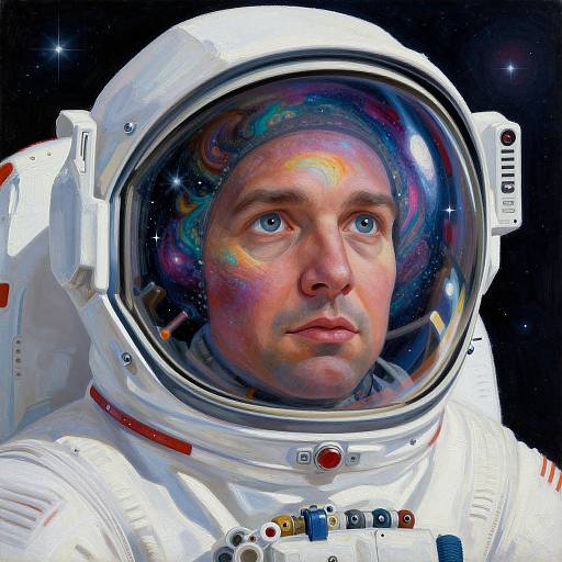 Photorealistic digital art of a middle-aged man with a space helmet, his face reflecting a colorful, galaxy-like pattern in the visor.