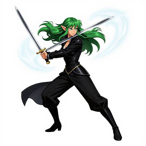 Digital anime-style drawing of a green-haired elf woman in black outfit, holding a sword, poised in a dynamic fighting stance.